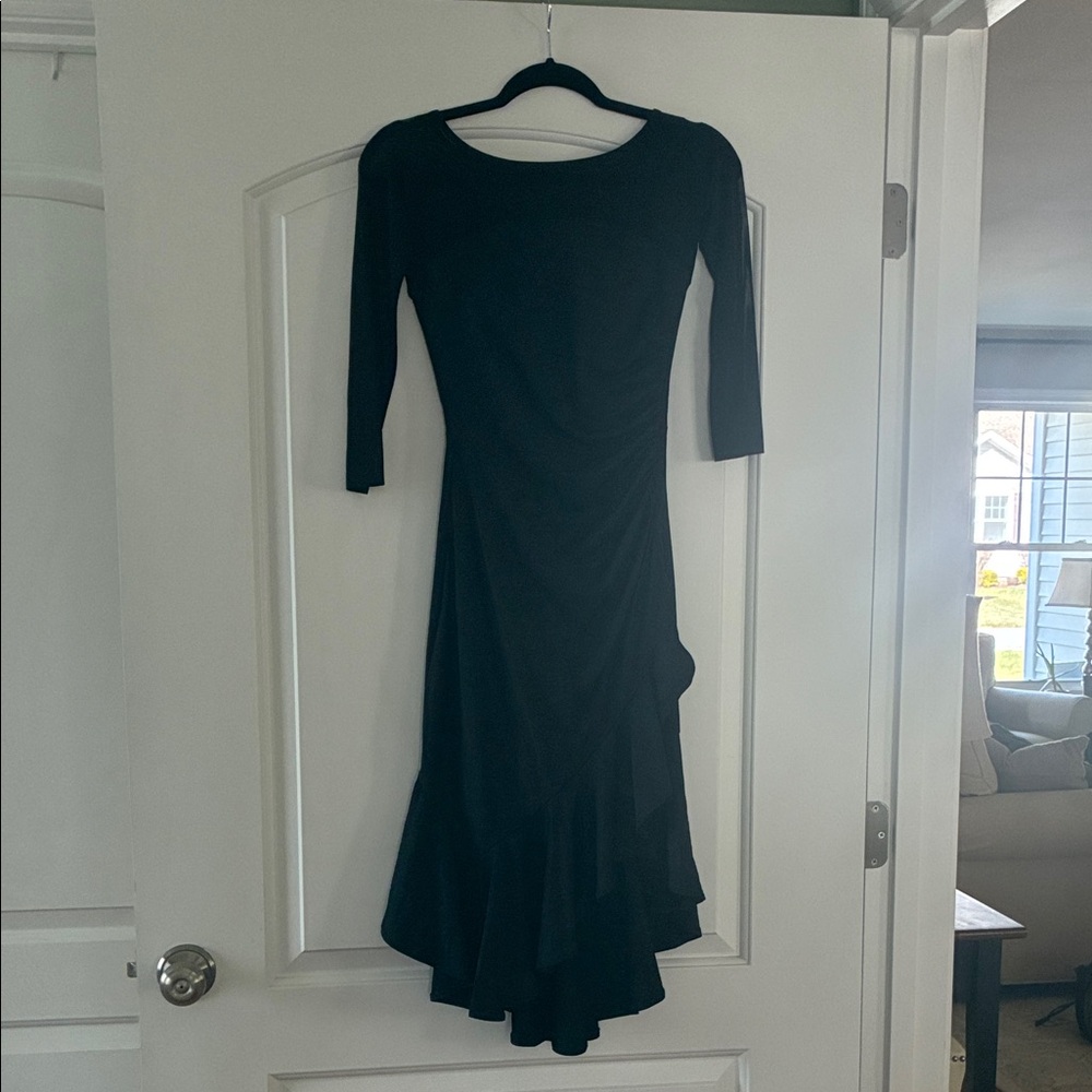 Elegant Black Long-Sleeve Ruffle-Hem Midi Dress